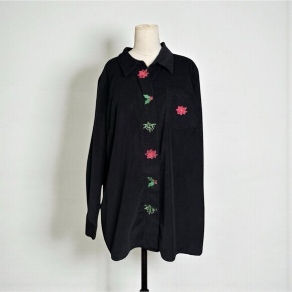 Quacker Factory Black Corduroy Holiday Shirt – Poinsettia & Holly Embroidered 1X - Picture 2 of 8